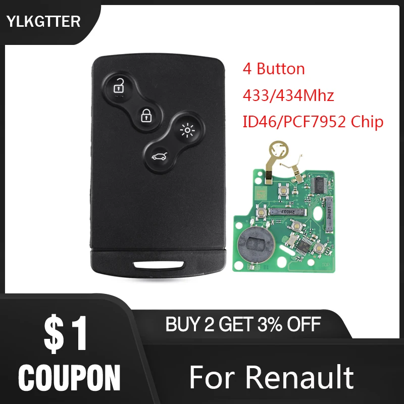 YLKGTTER 4 кнопки флюенс для Renault Laguna III Megane Scenic 2009 2014 клавиши с чипом PCF7952 433 МГц|Ключ от