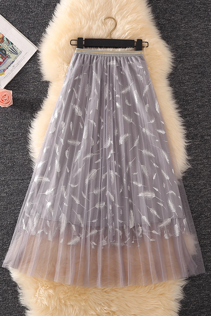 

2020 New Spring Feather Print Screen Skirt Fashion A-shaped Empire Skirt Long Pleated Skirt Office Lady Summer Beach Skirts