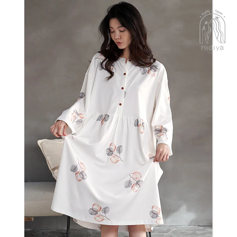 2021 Spring Summer New Nightdress Women's Cotton Long Sleeve Sleeve Sleeve Simple Loose Large Size Household Clothes Night Wear