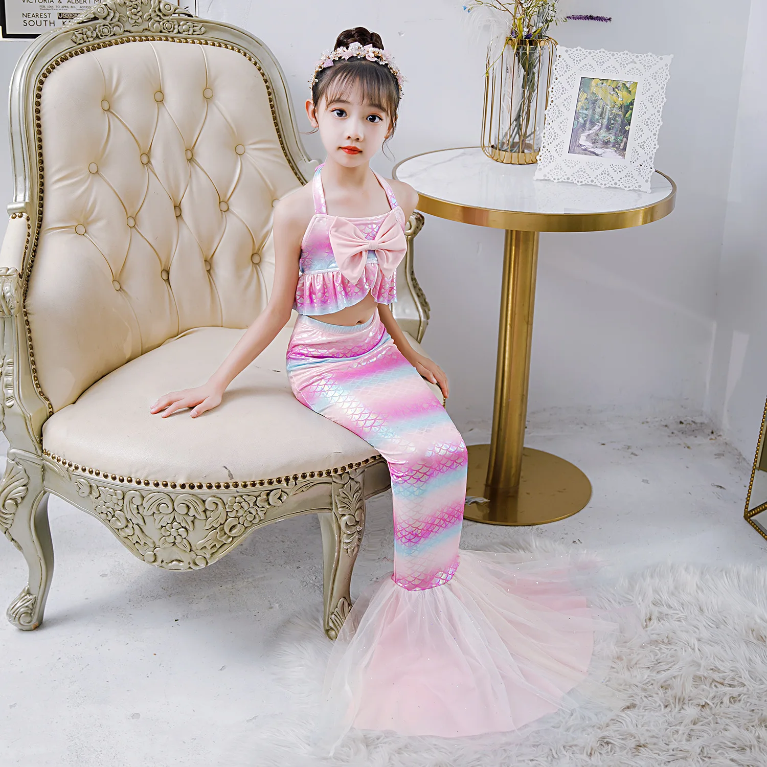 Детское длинное вечернее платье-Русалка для девочек пляжная одежда с лямкой на