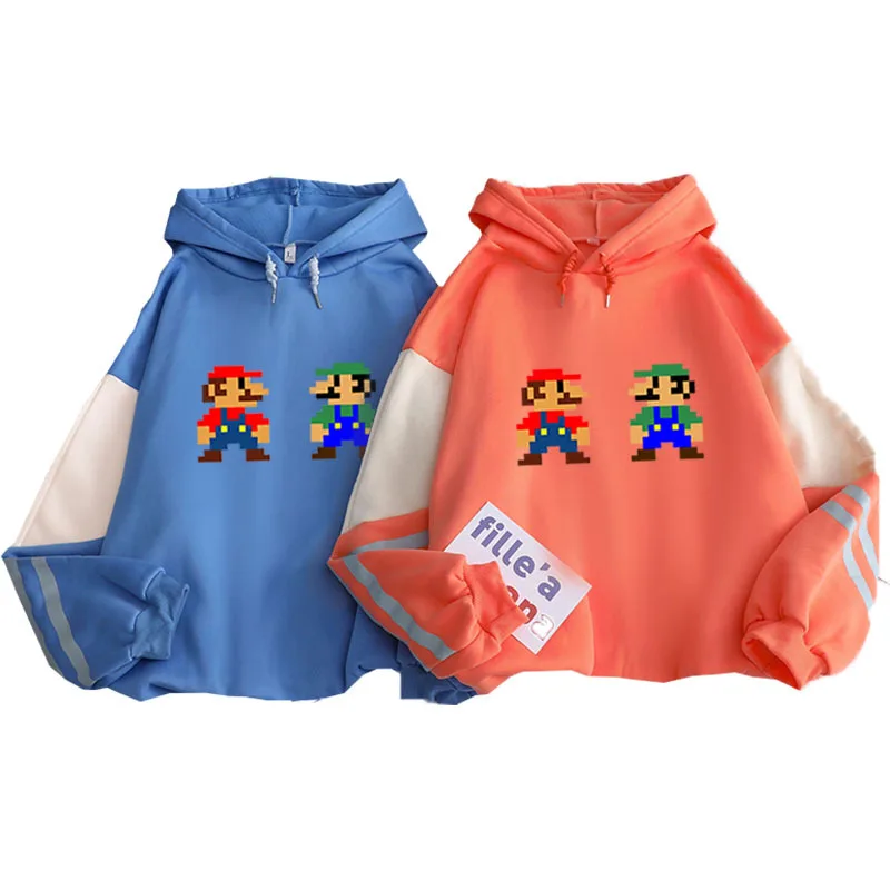 

Autumn and winter new color-blocking plus velvet padded sweatshirt Super Mario printed pattern versatile personality hoodie