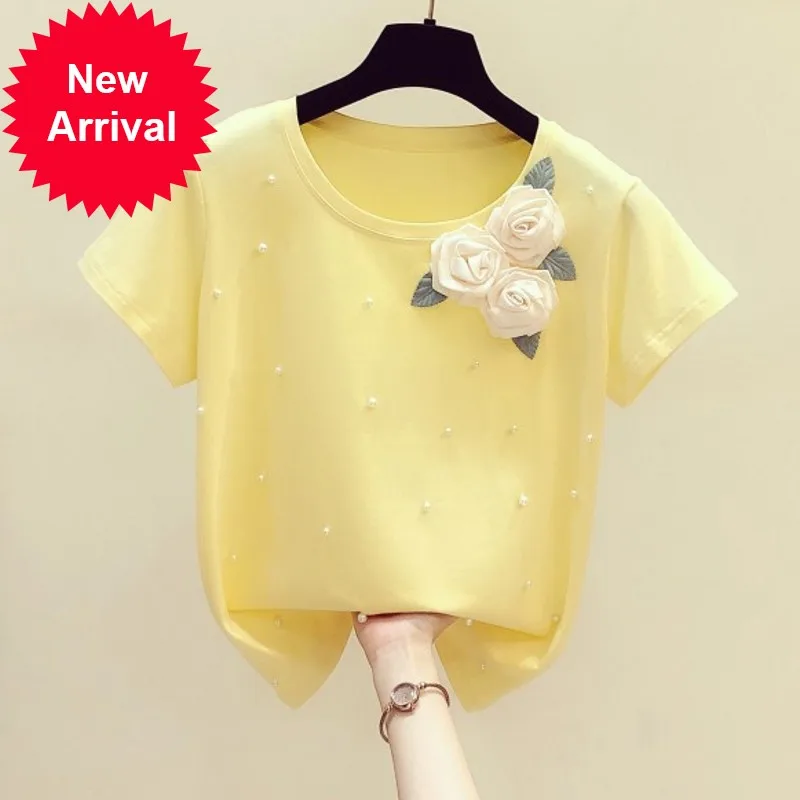 

2020 Summer Yellow T-shirt for Women New Sweet Lady Flower Decoration Beaded Women's Short Sleeve T-shirt Female Casual Tops T