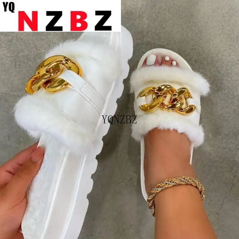

women Furry Fur Slides Gold Chain Plush Slippers Fluffy Flip Flops Designer Cozy Slip On Flats Women's Fashion Zapatillas Muje