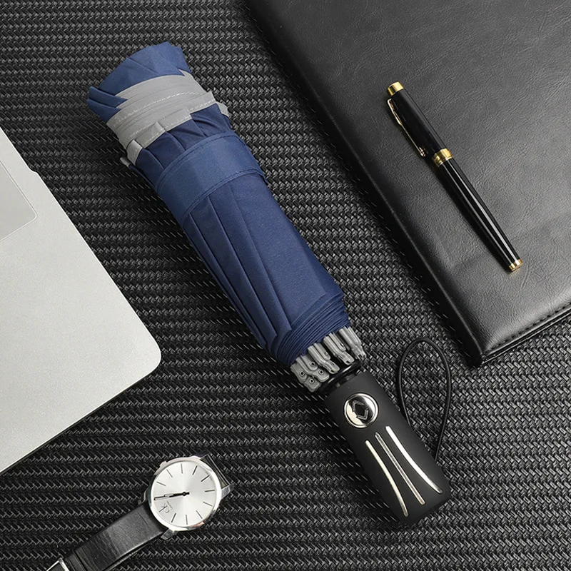 Ветрозащитный складной автоматический зонт с отражающими полосками большие