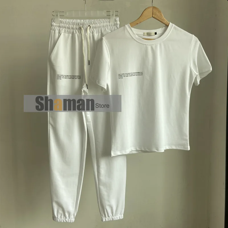 

two piece set women 2021 Spring Summer clothes Solid Color Letter print Short Sleeve T-shirt high Waist Casual Pant Sports set