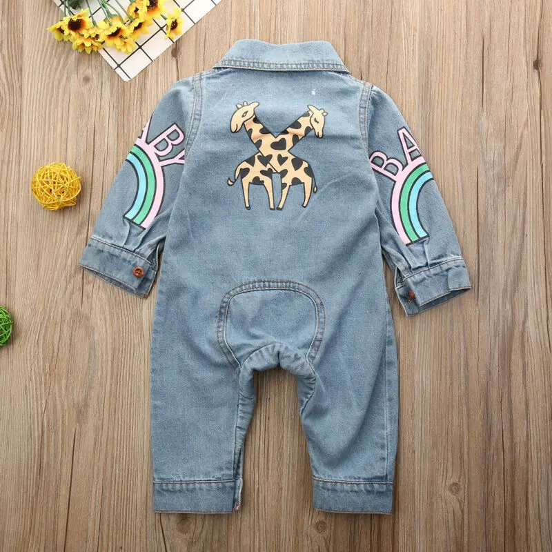 Toddler Newborn Baby Boy Clothes Kid Cartoon Giraffe Print Denim Fabric Romper Jumpsuit Autumn Winter Outfit 0-18months |