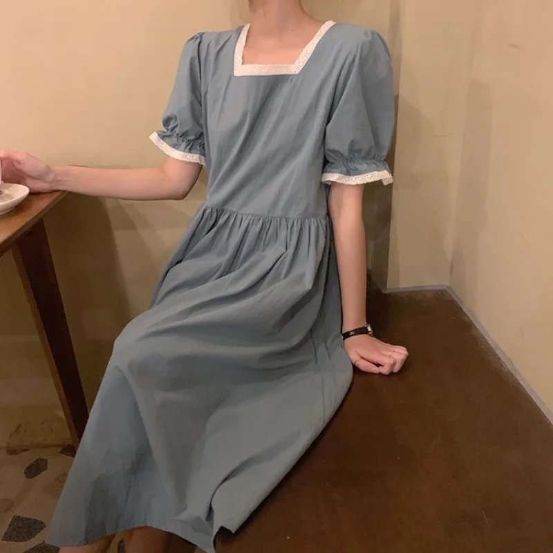 

Retro Chic Square-Neck Cinched Slimming A- line Dress Women's 2021 New Spring Overknee Mid-Length Short Sleeve Dress