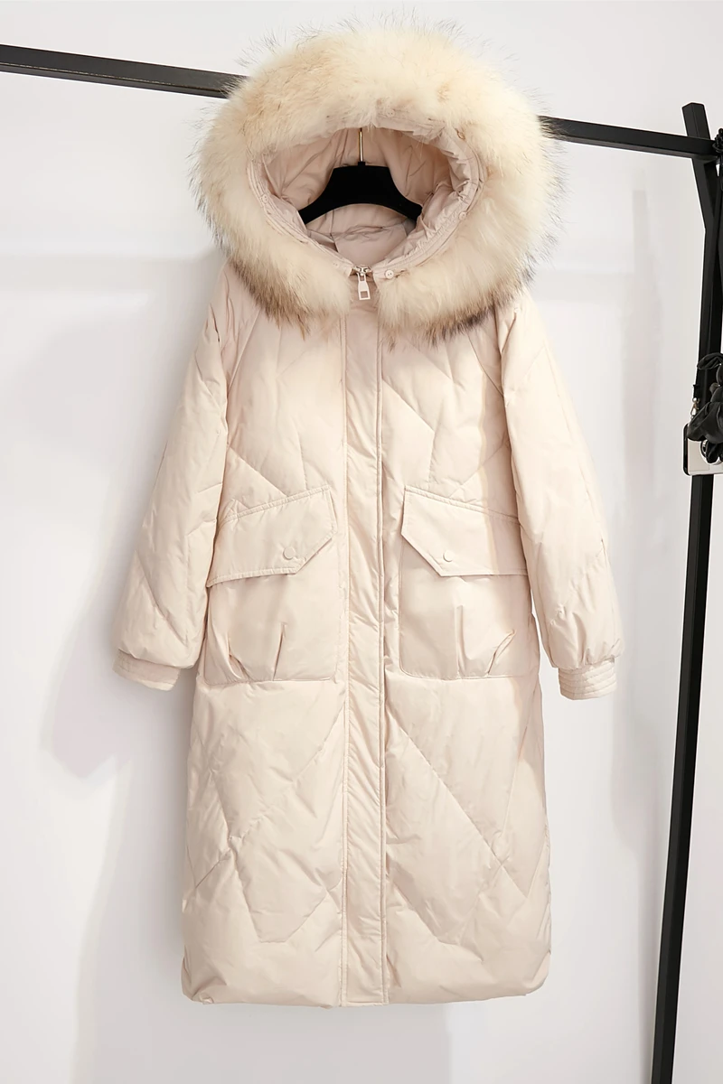 

2019 Winter New White Duck Down Jacket Women's Mid-length large fur collar fashion waist slimming slim temperament 8828