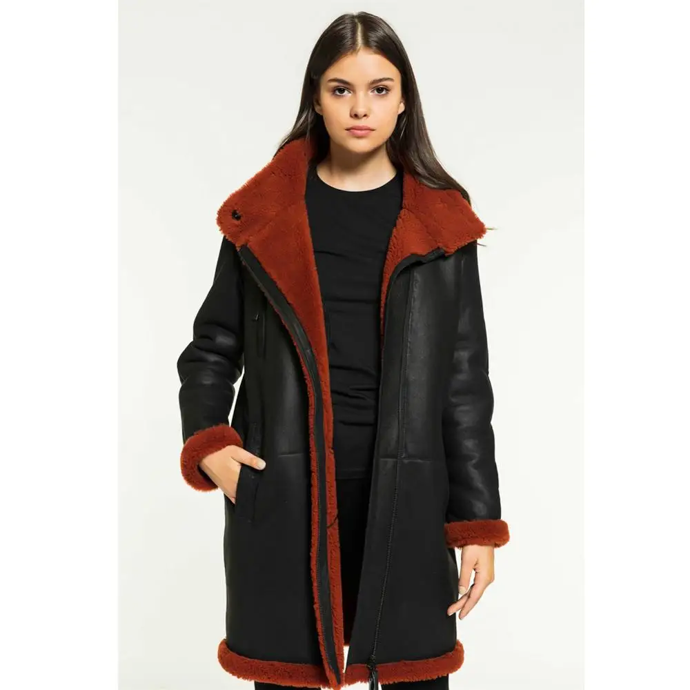 2019 новые женские Повседневное черная дубленка длинная куртка C мехом Турция