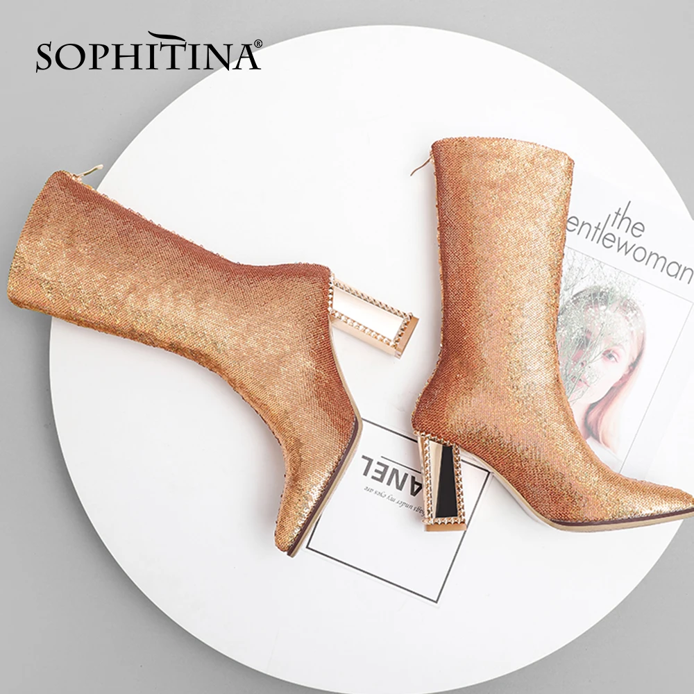 Женские ботинки с острым носком SOPHITINA Красные эластичные сапоги до середины икры