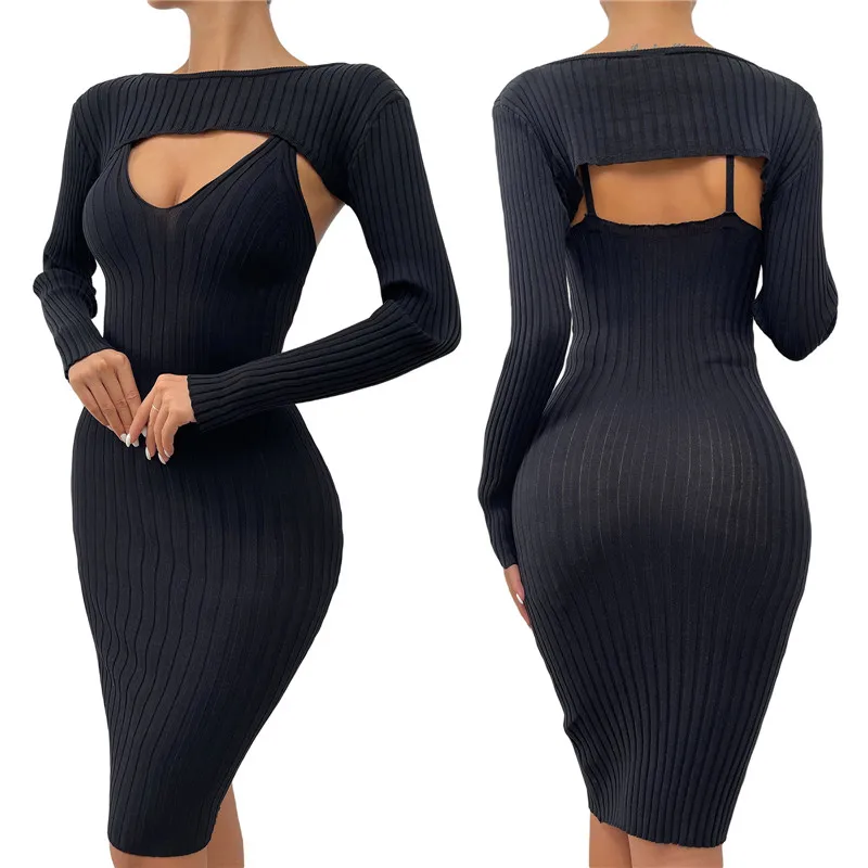 

Женский плотно прилегающий комплект одежды из двух предметов, повседневные облегающие комплекты платья, черное однотонное длинное платье ...