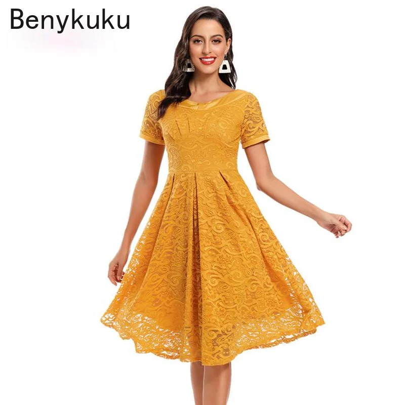 

Fashion Elegant Lace Hollow Short Sleeve Vintage Dress 2021 Summer European and American O-neck Dress Retro Yellow Women Clothes