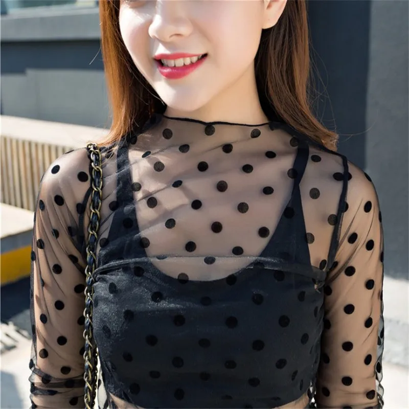 Женский прозрачный сетчатый топ в горошек Черный Уличный с длинными рукавами