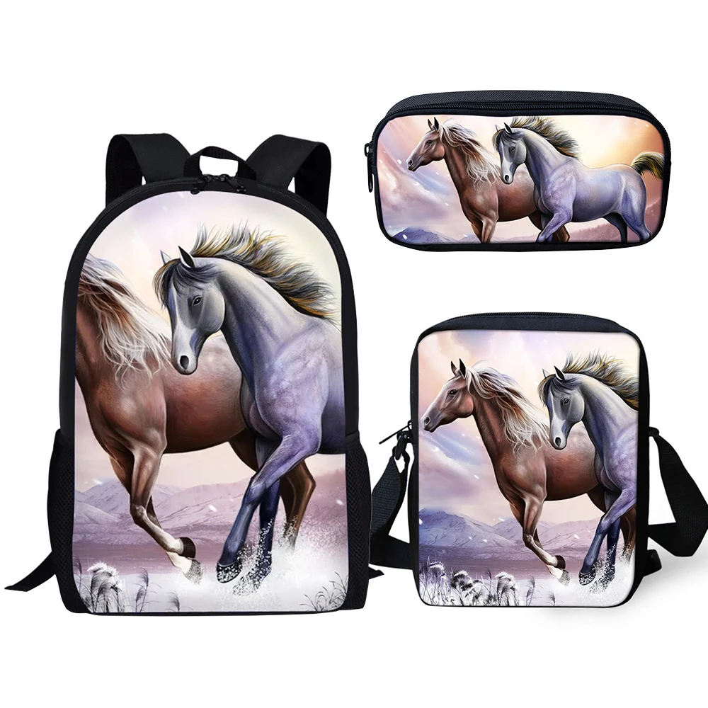 HaoYun Fashion 3PCs Set Backpack Cute Horse Pattern Kids School Bags Students Fantasy Unicorn Backpack/Flaps Bag/Pen Bags