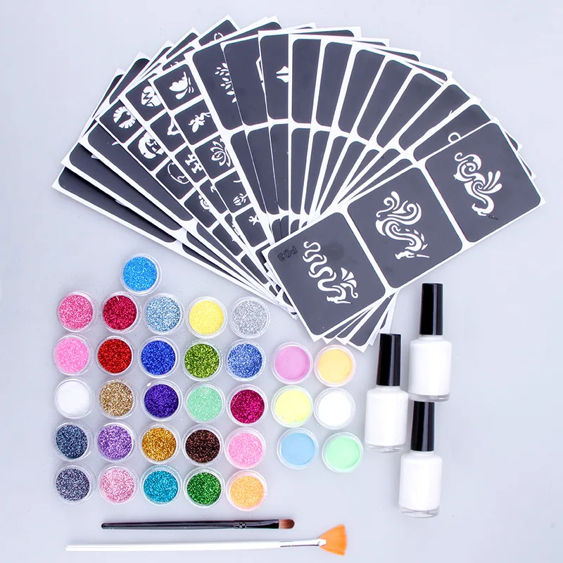 Алмазный Блестящий тату-порошок блестящие кисти с клеями набор полых шаблонов
