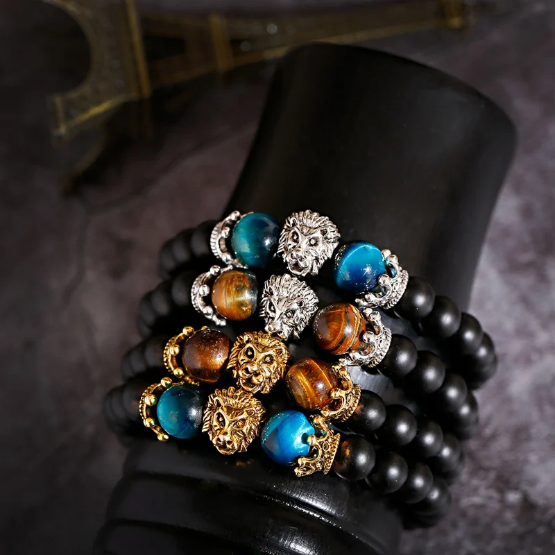 OIQUEI 2020 Charms Tiger Eye Stone Men Bracelet Classic Black Natural Lion Head Beaded Bracelets Hommes Pulseira Masculina | Украшения и