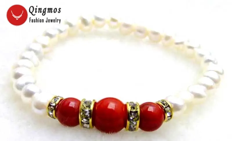 Qingmos 6-7mm Round Natural White Pearl Bracelet for Women with Red Coral Stone 7.5&quot Jewelry Bra292 | Украшения и аксессуары