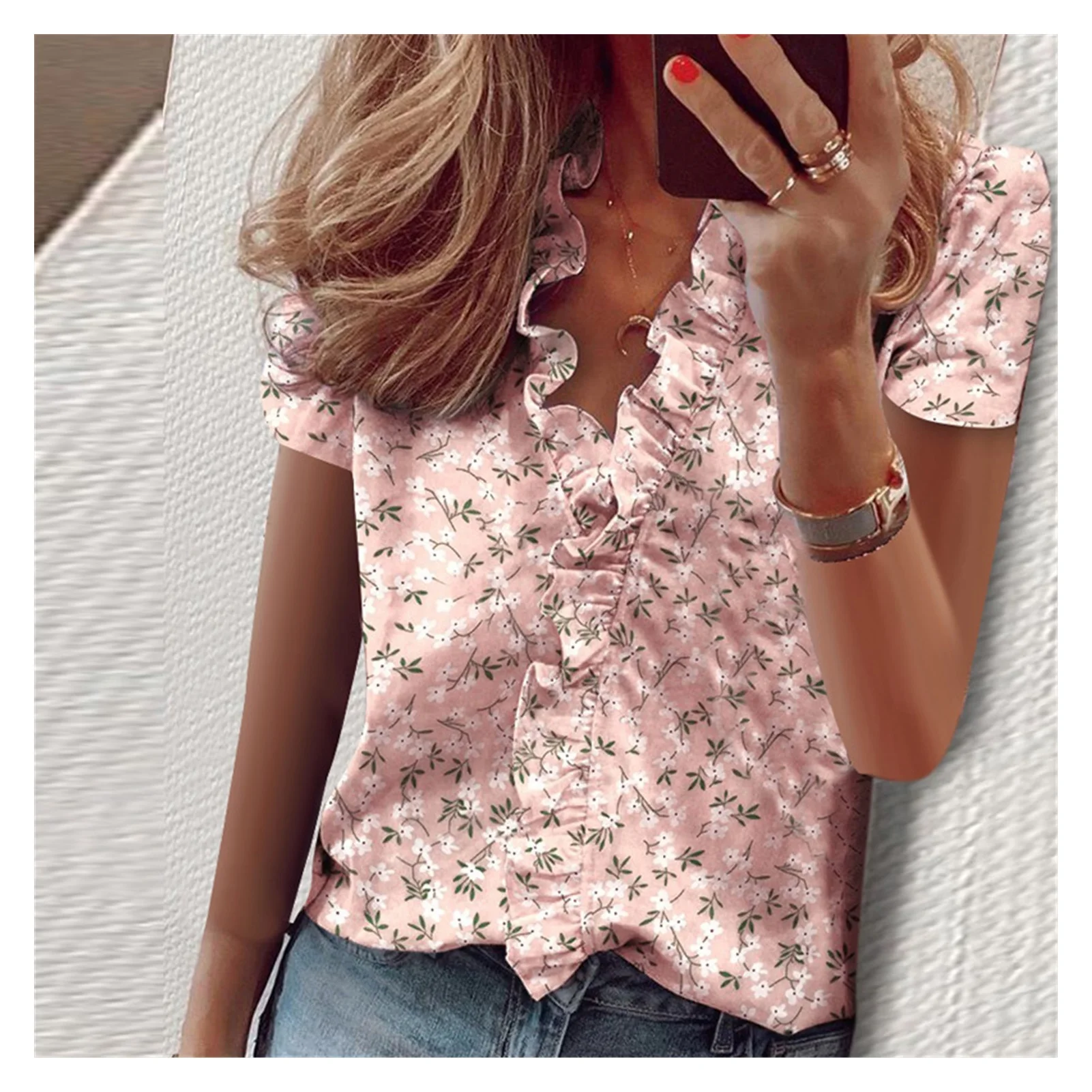 

2021NEW Short Sleeve Shirts Ladies Tops Summer Blouse Office Lady Women's Clothing New Fashion Ruffle V-Neck Solid Shirt Casual