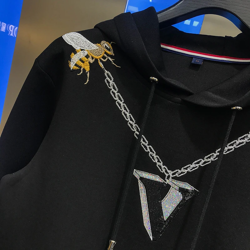 

Autumn 2020 youth men's new top versatile fashion splicing hot diamond offset hooded long sleeve sweater casual men's trend