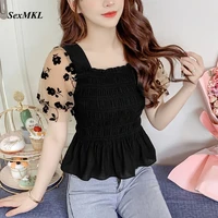 summer puff sleeve corset top blouse women 2021 fashion casual mesh patchwork blusa mujer korean slim sexy chiffon black blouses