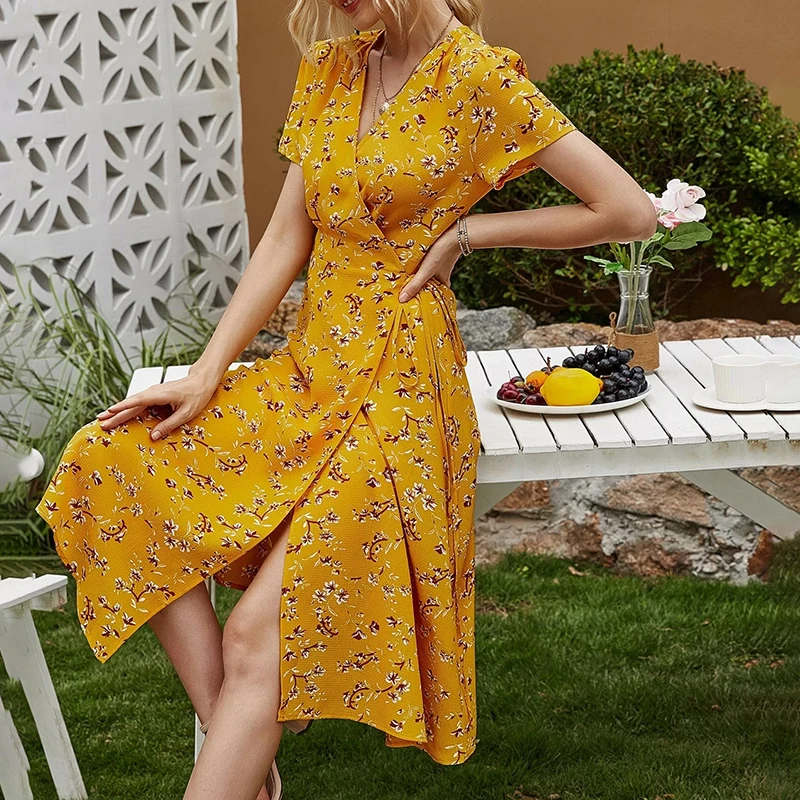 Ardm Élégant Col en V Imprimé Floral Dames De Bureau платье летнее женское2021 À Lacets Manches Courtes À Volants Doux Soirée Maxi Robe