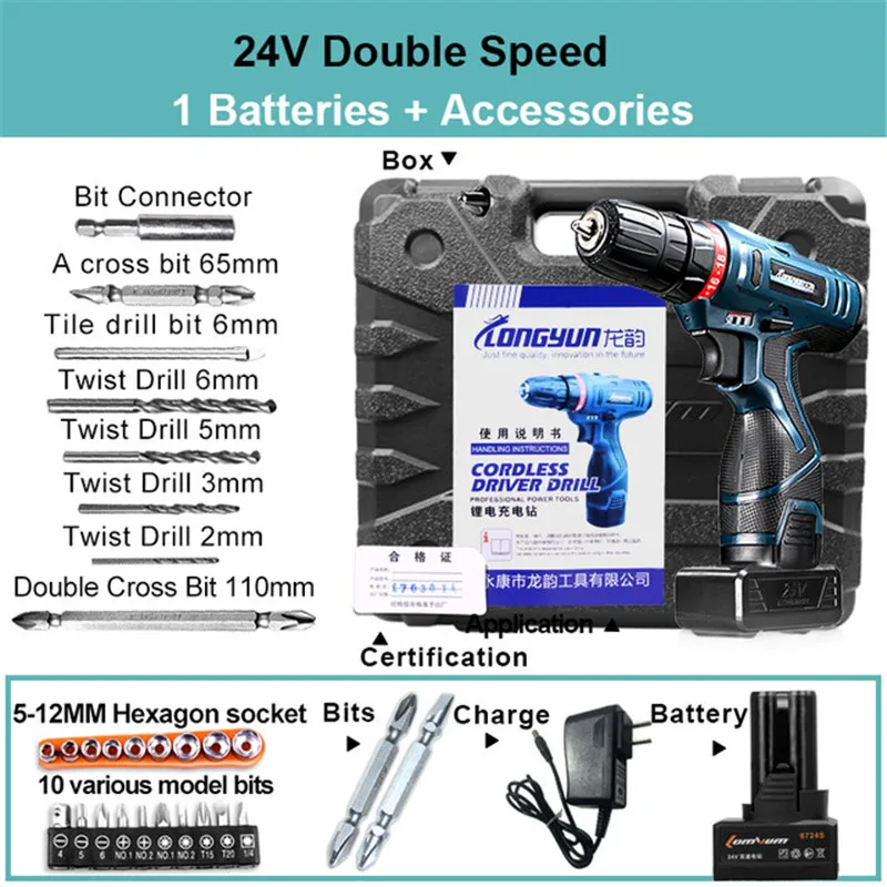 24V Double 1 Battery LOMVUM электрическая дрель Водонепроницаемая Parafusadeira перезаряжаемая электрическая отвертка многофункциональные электроинструменты Мини аккумуляторная дрель - Цвет: 24V Double 1 Battery