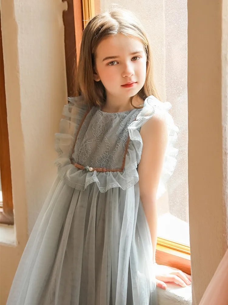 

Birthday Party Dresses For Girls Sleeveless Mesh Knee Length Loose Gowns Lovely Kids Casual Dress Children Princess Clothing