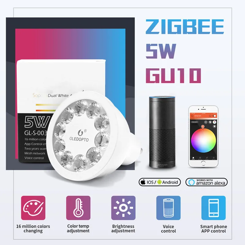 

Светодиодная лампа для прожектора ZigBee AC100-240V Smart Home RGBCCT GU10 5 Вт работает с приложением Conbee Alexa Echo Plus и голосовым управлением