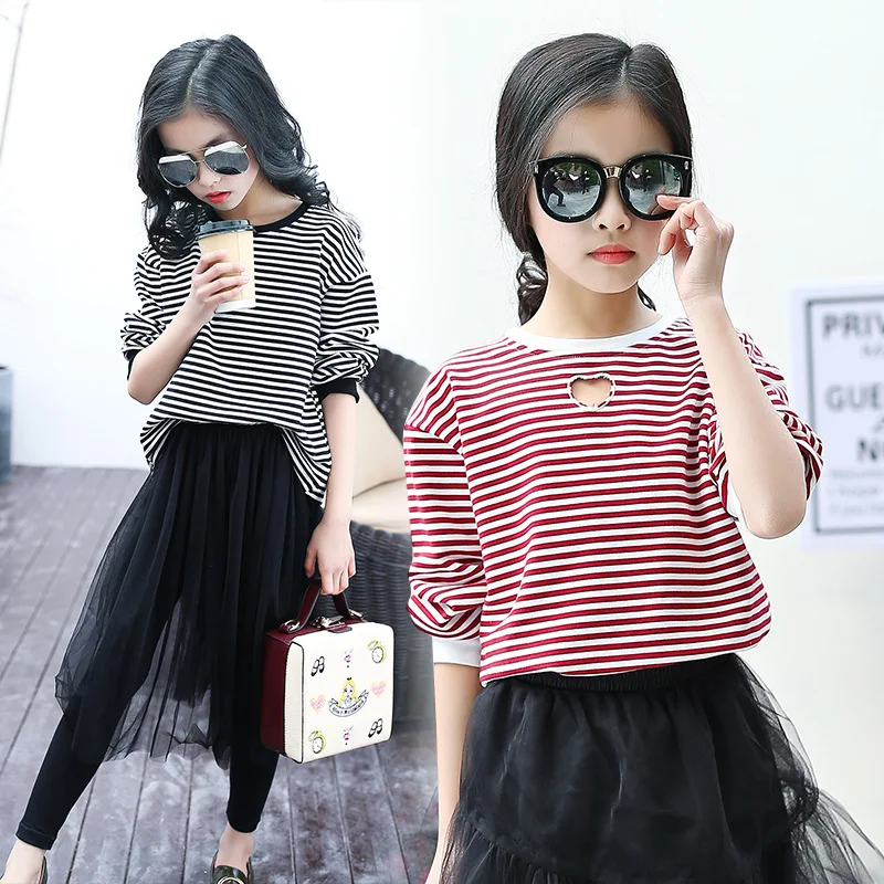 

Fashion Spring Big Girls Striped T Shirts Spring Fall Children Clothing Casual Teenage School Tops Kids Girls Basic Tee Shirts