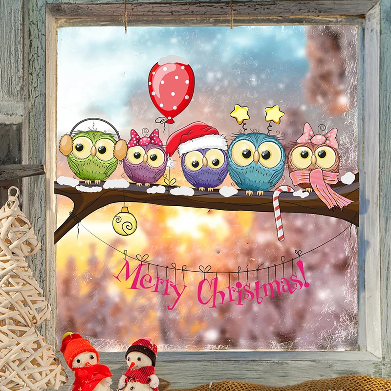 Chriatmas Window Stickers for Merry Christmas Home Decoration Christmas-dressed Owl On A Tree Branch Wall | Дом и сад