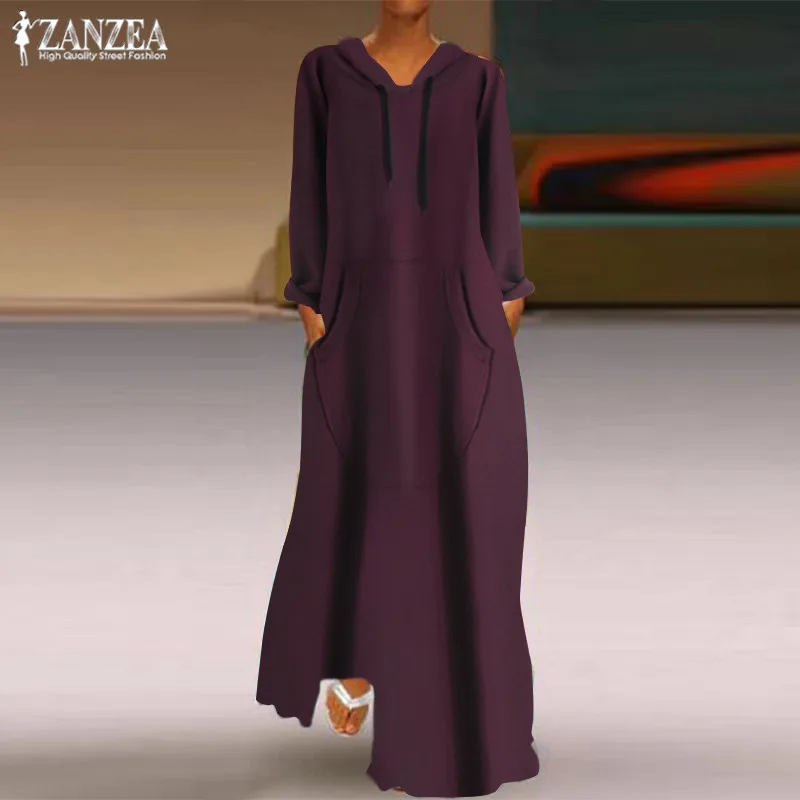 Платье ZANZEA с капюшоном свитшот женское флисовое длинное платье длинным рукавом