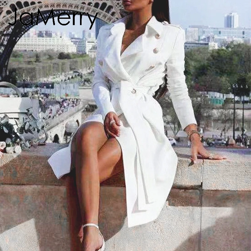 JaMerry винтажный двубортный белый Тренч для женские пояса узкий длинный плащ