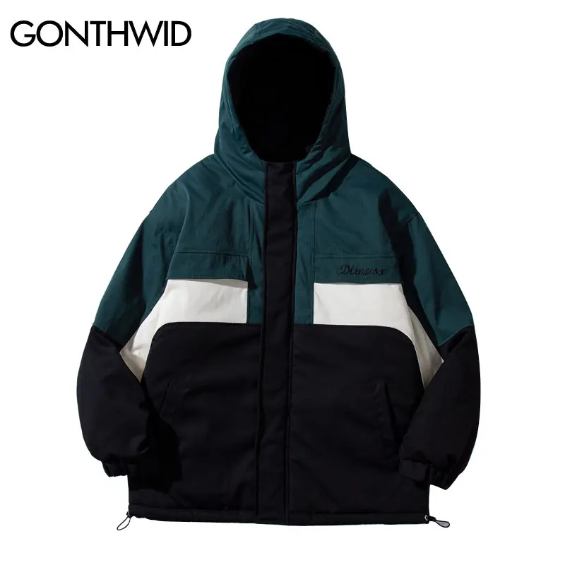 

Hip Hop Hooded Parka Jacket Streetwear Mens Vintage Color Block Patchwork Thick Warm Cotton Parka Coats 2021 Winter Harajuku