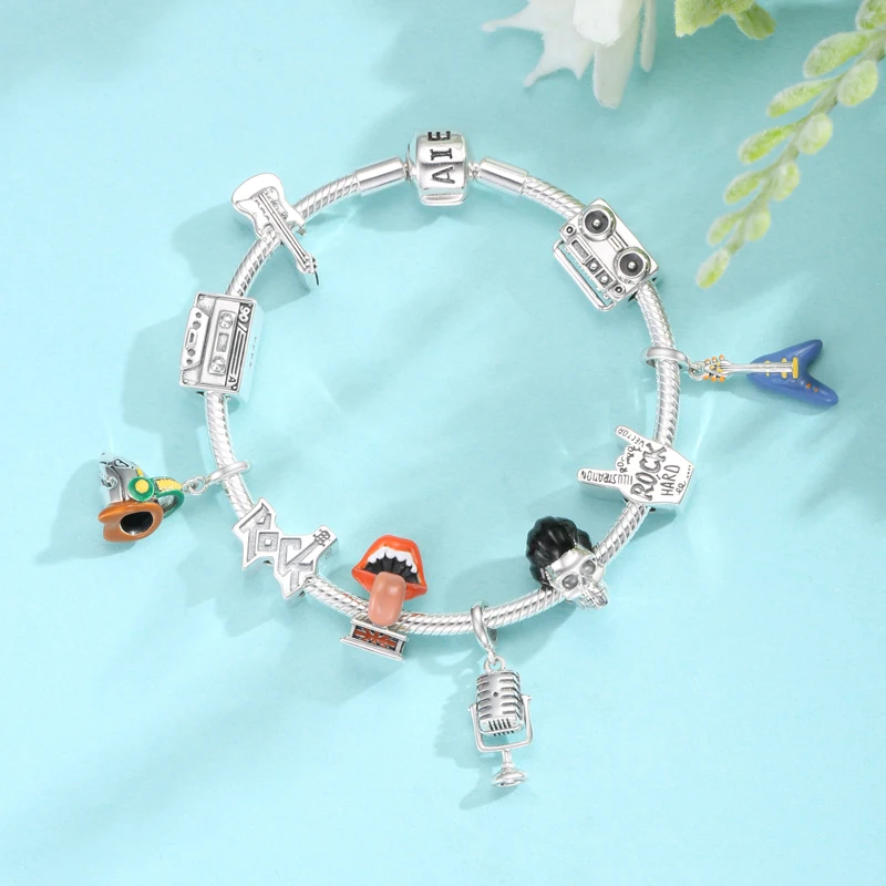 

Серебряный дух в стиле рок с 925 серебряной электрогитарой, рок жест, подвеска «Акула» подвеска для оригинального браслета, женский браслет
