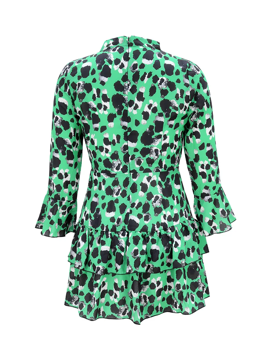 

Leopard Print Cascading Ruffle A-Line Mini Dress Women 2021 Spring Casual V-Neck Lace Up Flare Sleeve Blue Dress Vestidos Cortos