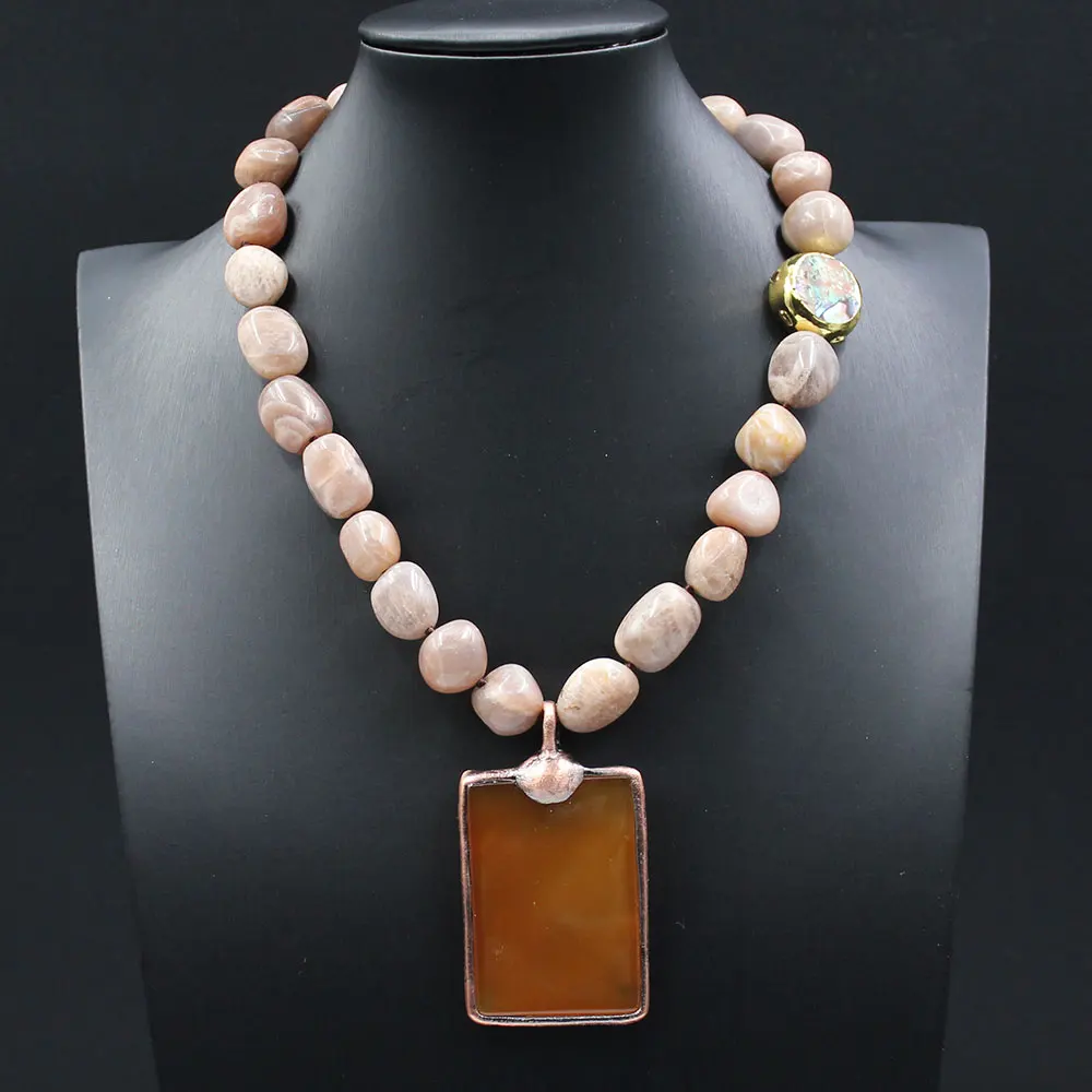 GG Jewelry Natural Freedom Sunstone Nugget Green Abalone shell Coin Necklace Brown Agate bronze Plated Pendant For Women