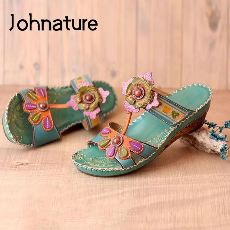 

Johnature Women Shoes 2022 New Summer Women Slippers Hand-painted Genuine Leather Flower Wedges Slides Handmade Ladies Slippers