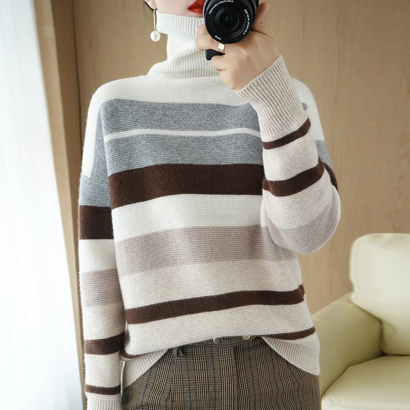 

2020 New Style 100% Pure Wool Sweater Woman High Neck Striped Pullover Fashion Knitted Sweater Free Shipping Autumn and Winter