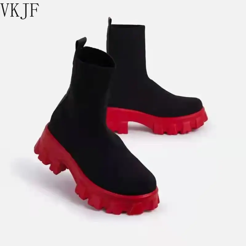 

New Autumn and Winter Red Chunky Sole Platform Sock Boots Stretch Fabric Shoes Women Mid-Calf Thick Heel Chelsea Biker Booties