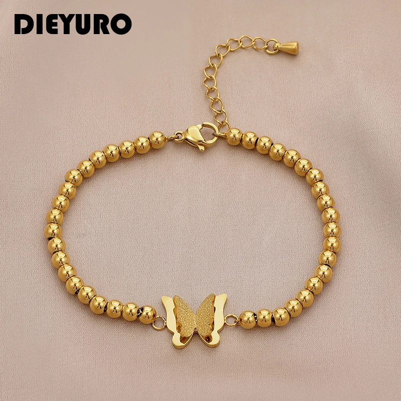 

DIEYURO 316L Stainless Steel Popular Bead Bracelet Sweet Butterfly Metal Girl Golden Wedding Hand Jewelry 2021 New Arrival Gift
