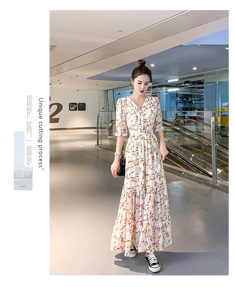 

Summer Chiffon Floral Dress Women V-Neck Short Sleeve Vintage Bodycon High Waist Sexy Casual Elegant Party Evening Maxi Dresses