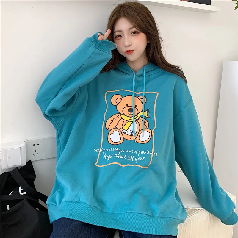 Винтажная толстовка с изображением медведя женское свободное корейское модное