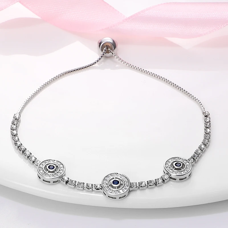 Браслет женский Регулируемый из серебра 100% пробы с голубыми глазами | Украшения и