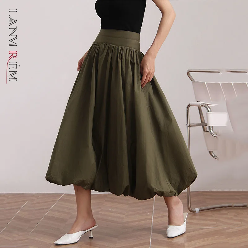 

LANMREM 2022 Autumn New Pleated Bud Puff Mid-length A-line Lantern Skirts Women Fashion Tide Army green Loose Casual Skirt 2W256