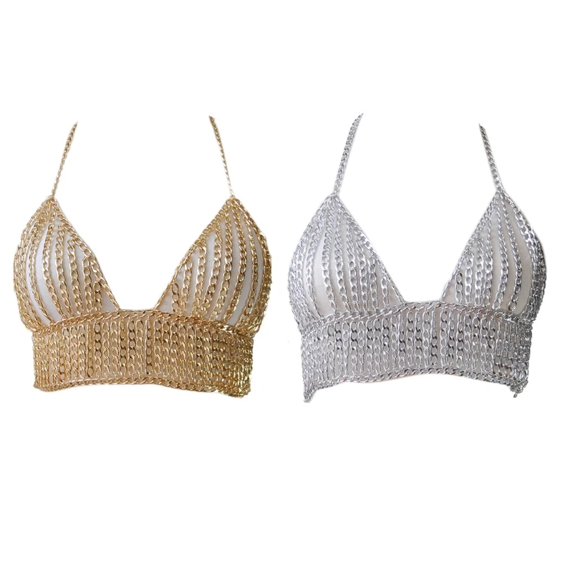 Boho Multilayer Metal Chain Body Jewelry Bralette Women Chest Harness Necklace Beach Bikini Nightclub Underwear Bra