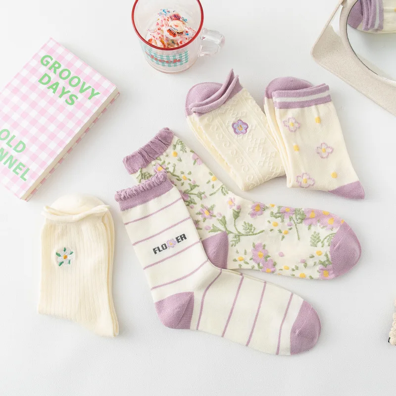 2021 Sweet Purple Lace Women Socks Japanese Korean Kawaii Harajuku Ruffle Socks Middle Tube Socks