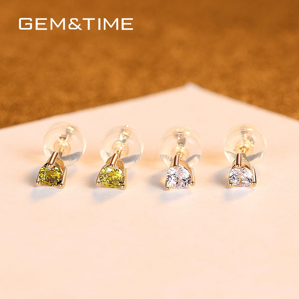 Gem&Time Exquisite Real 14K Gold 3 Prong Green Gemstone Stud Earrings for Women Yellow Gold Earrings Fine Jewelry Gift E14137