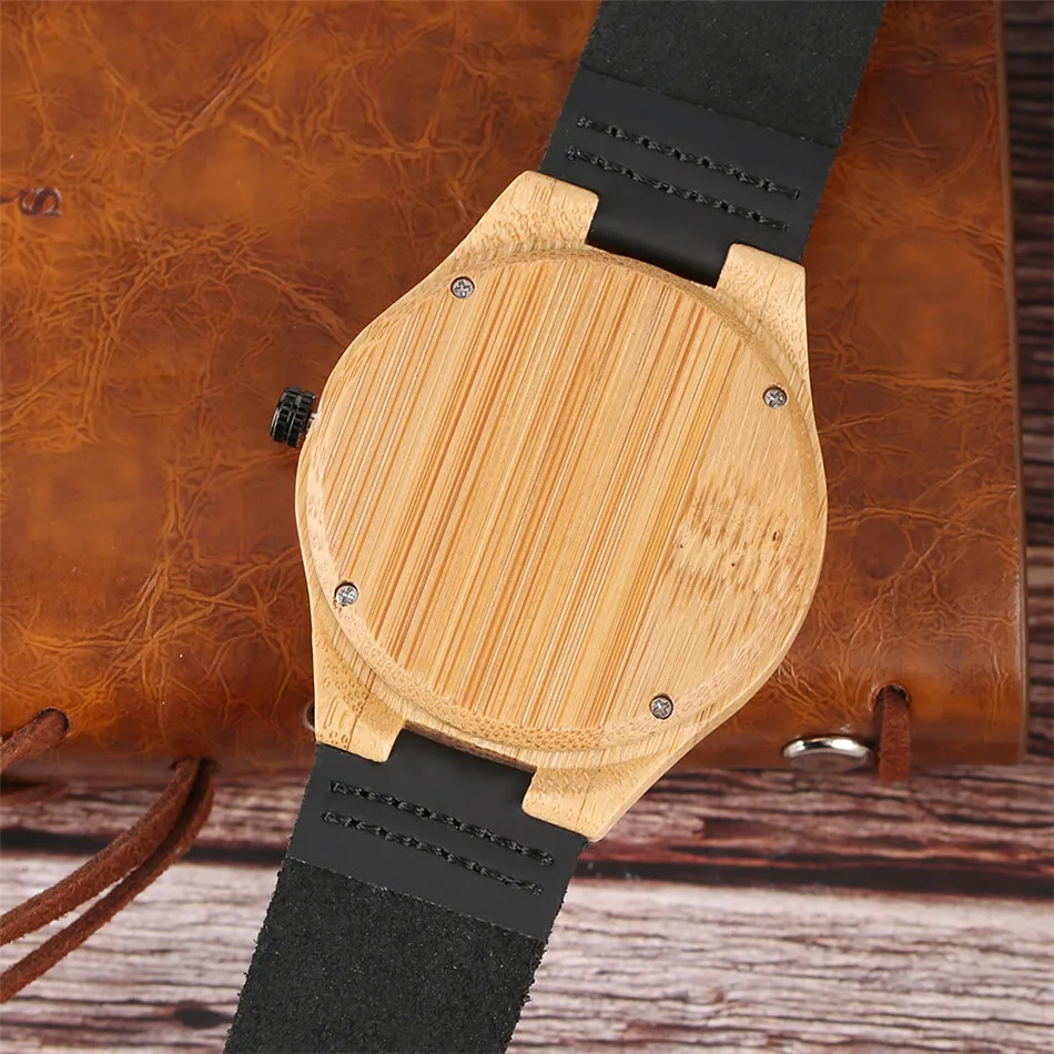 

Minimalist Black Round Dial Men's Watch Natural Bamboo Wood Case Genuine Leather Wristband Male Quartz Timepiece