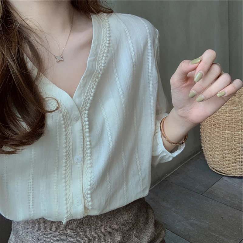 

Shirts Women Plus Size 3XL Puff Sleeve Elegant Ulzzang Long Sleeve Simple V-neck Daily Casual All-match Office Lady Clothing Ins
