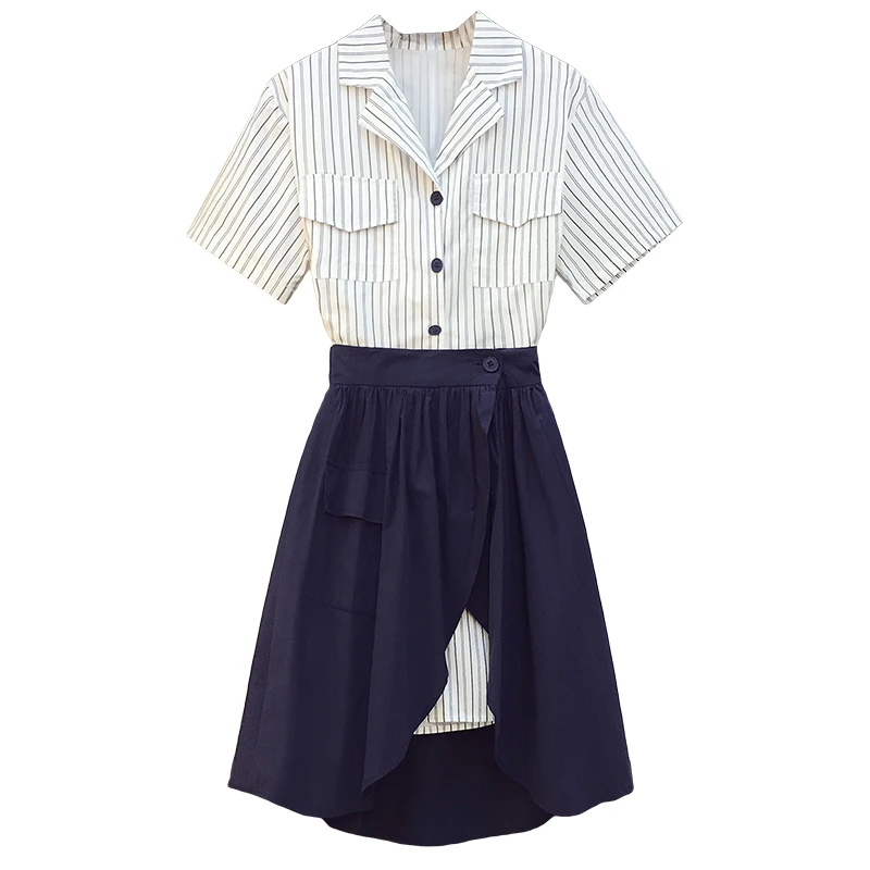

4XL Plus size 2021 Summer Two-piece Sets For Women Short Sleeves Turn-down Collar Stripe Shirt + Asymmetric Skirt Ladies Suits